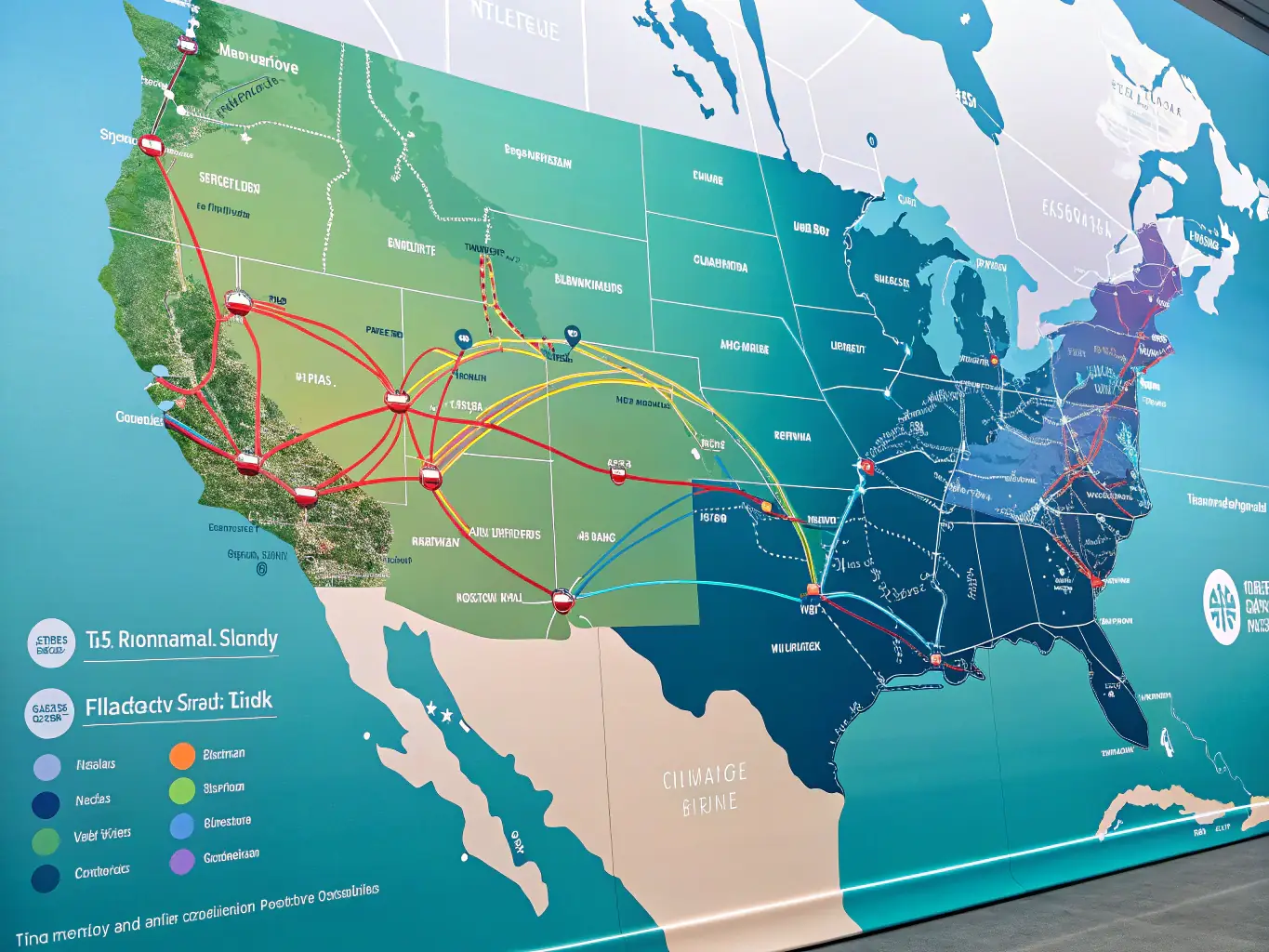 A digital illustration depicting a detailed logistics network map with trucks moving across different states, highlighting the extensive coverage and reach of Overhaul Carriers' services.