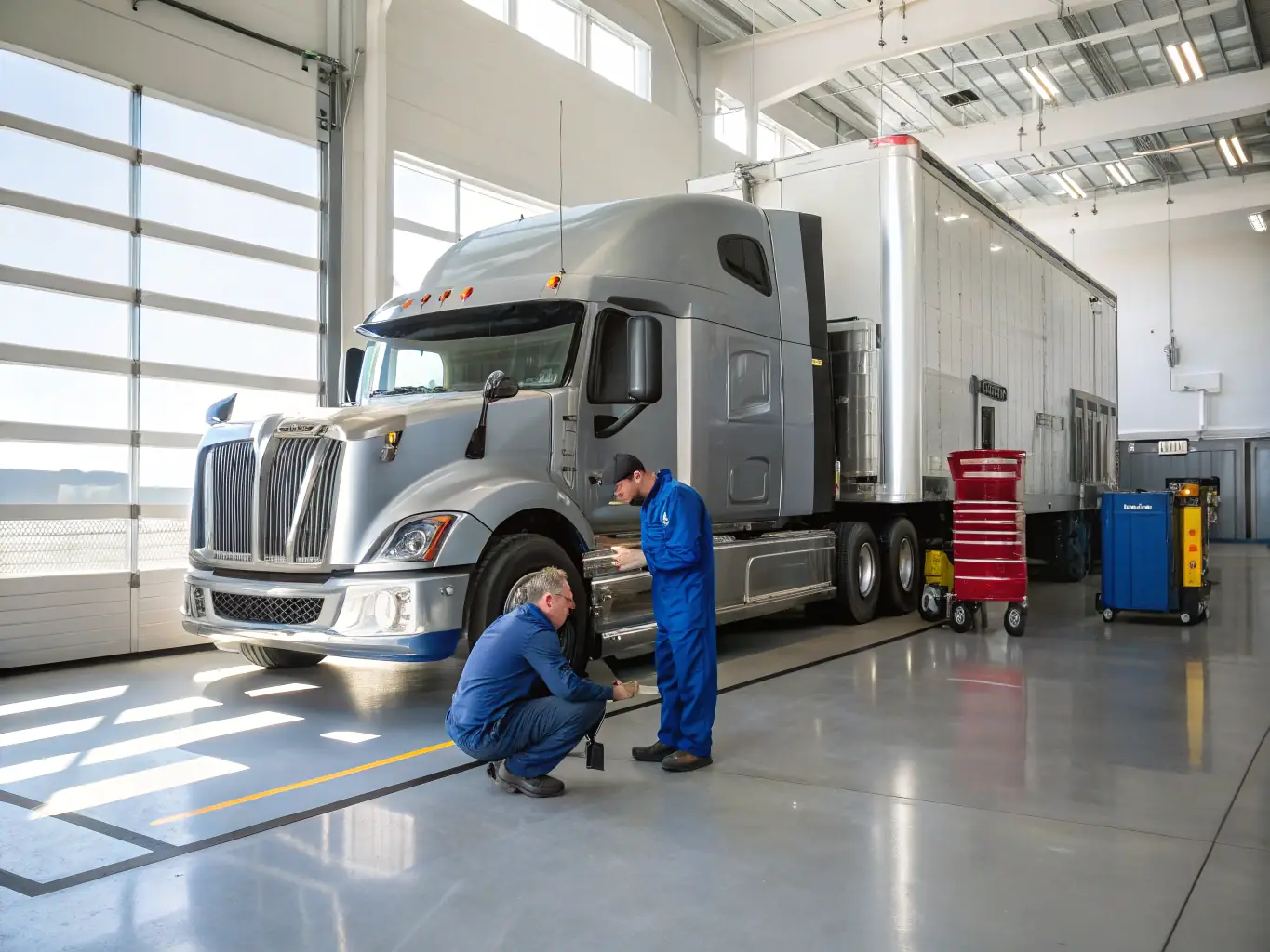 A high-angle shot of a modern semi-truck undergoing a thorough maintenance check in a well-lit service bay, emphasizing the company's commitment to safety and vehicle upkeep.
