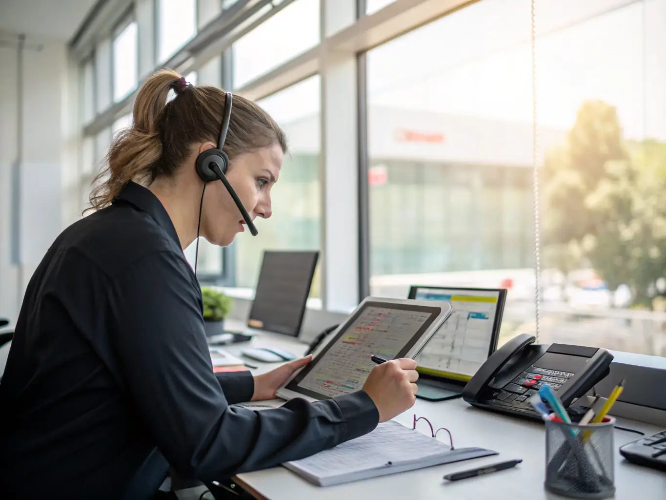 A photograph of a dispatcher in a modern office setting, using advanced software to track and manage a fleet of trucks. The image should convey a sense of control, efficiency, and technological sophistication.