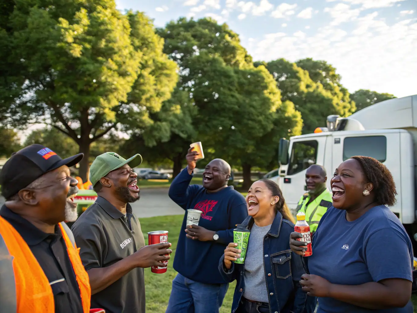 A photograph of a diverse group of truck drivers smiling and interacting positively in a company break room, highlighting the supportive and inclusive work environment at Overhaul Carriers.